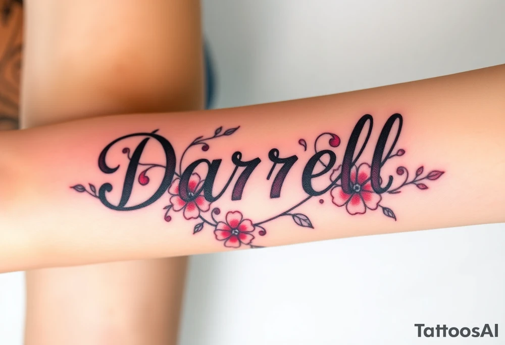 neon colors, 1 inch font, "Darrell" with lots of whimsical background, add flowers tattoo idea