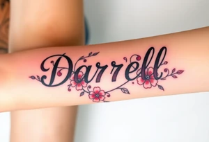 neon colors, 1 inch font, "Darrell" with lots of whimsical background, add flowers tattoo idea