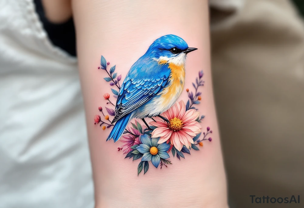 Puffy bluebird surrounded by wild flowers tattoo idea