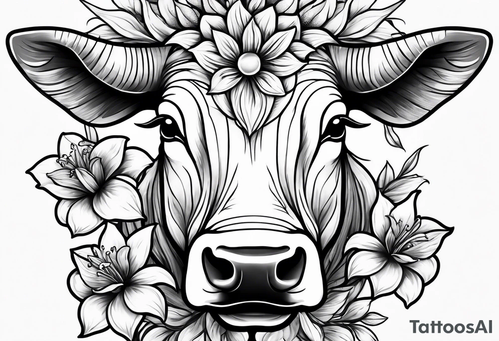 A Bulls head with lily if the valley flowers growing out of eyes tattoo idea