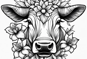 A Bulls  head with lily if the valley flowers growing out of eyes tattoo idea