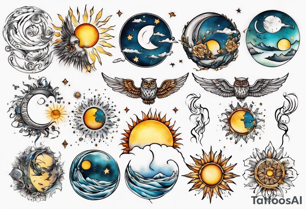 Mond und Sonne mit Eule und Wassermann tattoo idea
