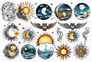 Mond und Sonne mit Eule und Wassermann tattoo idea