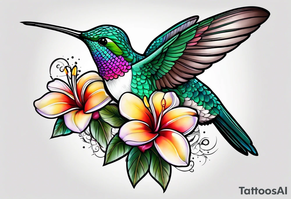 Hummingbird with a plumeria masculine style colorful tattoo idea