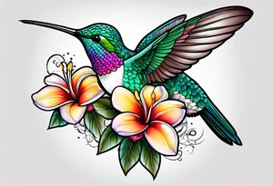 Hummingbird with a plumeria masculine style colorful tattoo idea