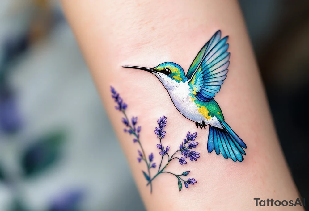 A hummingbird hovering near blooming lavender flowers, with shimmering emerald and violet tones. tattoo idea