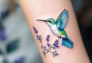 A hummingbird hovering near blooming lavender flowers, with shimmering emerald and violet tones. tattoo idea