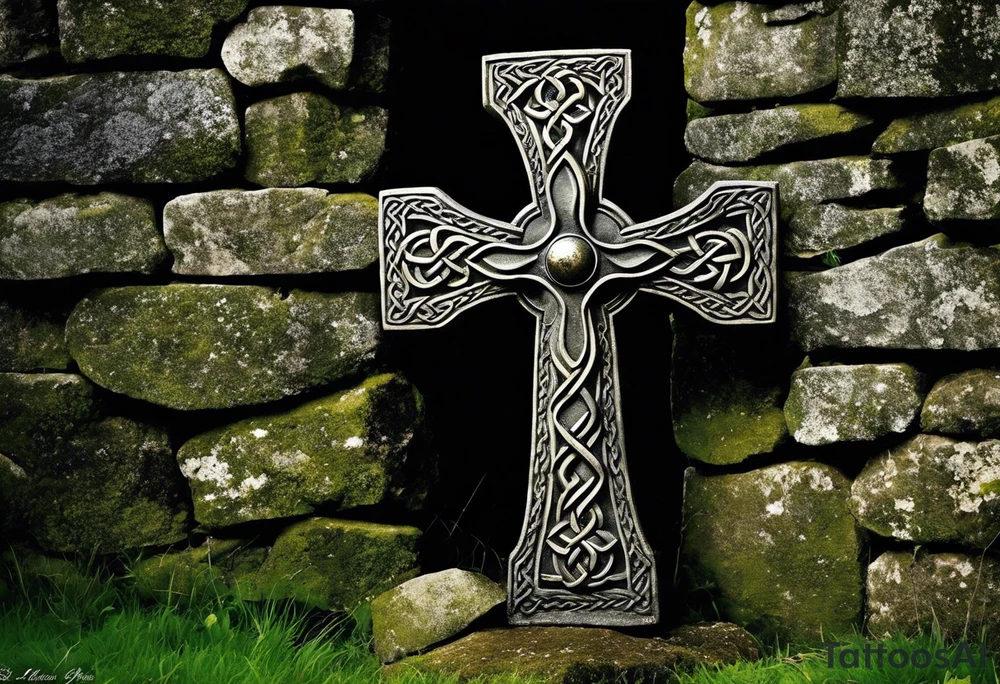 A stone Celtic cross, weathered and worn by the passage of time, standing resolutely at the base of a ruined stone wall. The cross is adorned with intricate Celtic knotwork, bearing witness to the craftsmanship of long-lost artisans. A raven, its ebony feathers shining in the dim light, perches on the arms of the cross, its head cocked to the side as it regards the desolate scene before it. The wall, once towering and majestic, now lies in ruin, its stones scattered haphazardly across the overgrown earth. Vines and creepers have woven themselves through the cracks and crevices, adding a touch of eerie greenery to the otherwise melancholic atmosphere. A gentle breeze rustles through the leaves, causing the raven to shift uneasily on its perch, as if it were the wind's way of whispering secrets long forgotten. The sky above is a somber shade of gray, heavy with the weight of impending rain, mirroring the solemn mood of the scene. tattoo idea