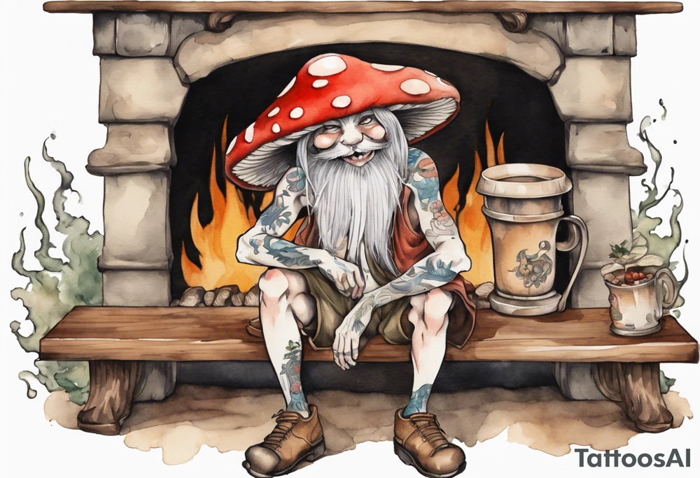 a mushroom Gwyllion
wearing a mushroom hat sitting on a bench by a fireplace drinking from a wood cup, laughing tattoo idea