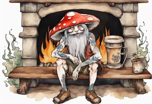 a mushroom Gwyllion
wearing a mushroom hat sitting on a bench by a fireplace drinking from a wood cup, laughing tattoo idea