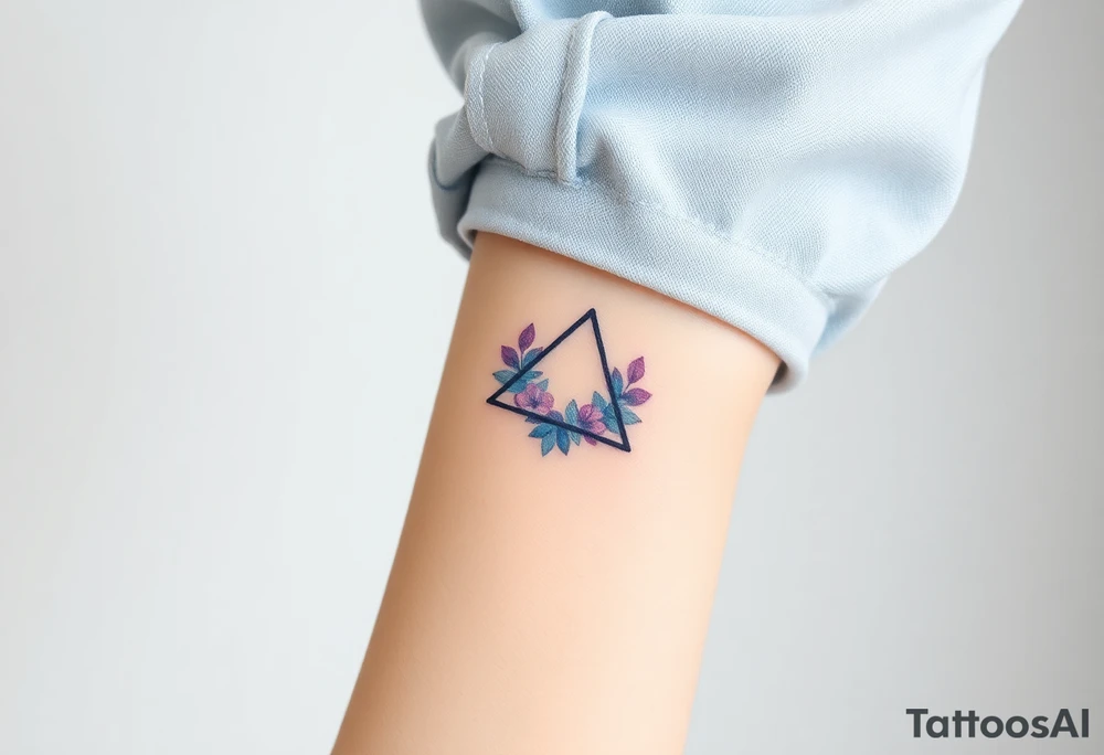 Design a very small (max 2x2 cm) tattoo for the inner wrist that subtly symbolizes lesbian identity. It should be minimal and delicate — possibly fine line or soft color. The design must be discreet yet meaningful, not instantly recognizable as LGBTQ but with layered symbolism, something like the triangle upside down. Think of subtle elements like intertwined female symbols, abstract sapphic references, or a hidden double meaning through nature (e.g. flowers, moons, triangles). Avoid clichés or bold pride imagery. Keep it elegant, wearable, and intimate tattoo idea