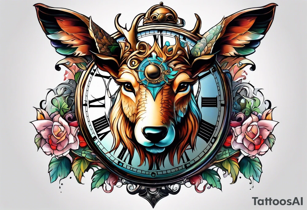 fantasy animal, clock, cross tattoo idea