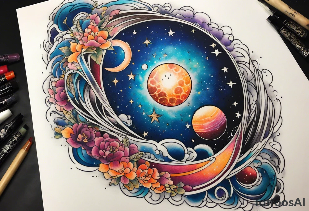 Half sleeve tattoo of a galaxy orbiting. tattoo idea