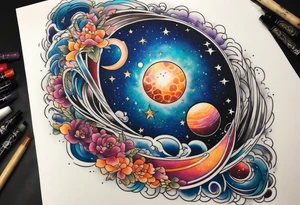 Half sleeve tattoo of a galaxy orbiting. tattoo idea