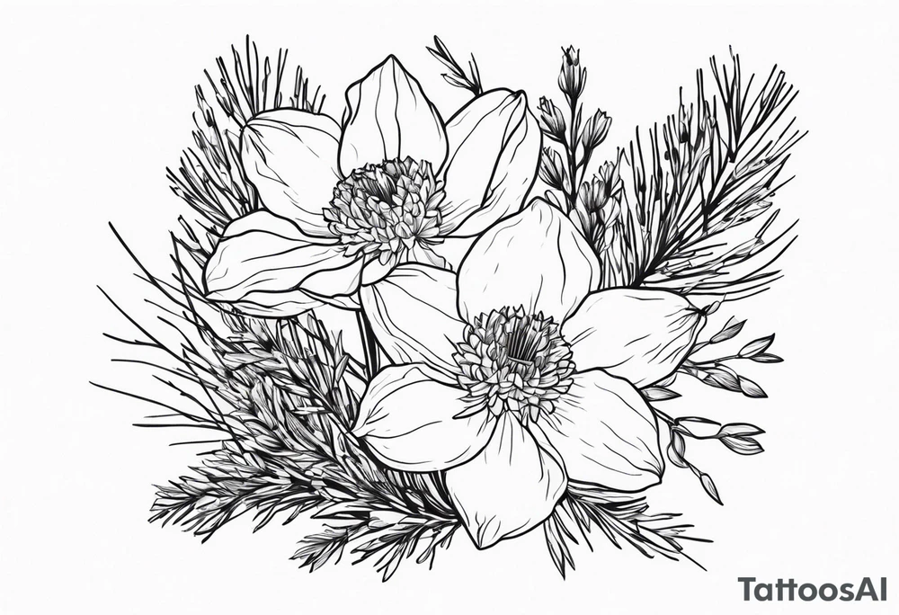 daffodil and aster flowers in a bouquet with pine branch and willow branch. minimalist, simple bouquet. small. tattoo idea