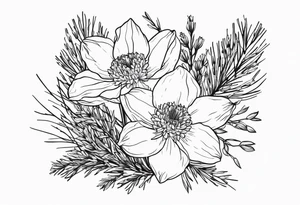 daffodil and aster flowers in a bouquet with pine branch and willow branch. minimalist, simple bouquet. small. tattoo idea