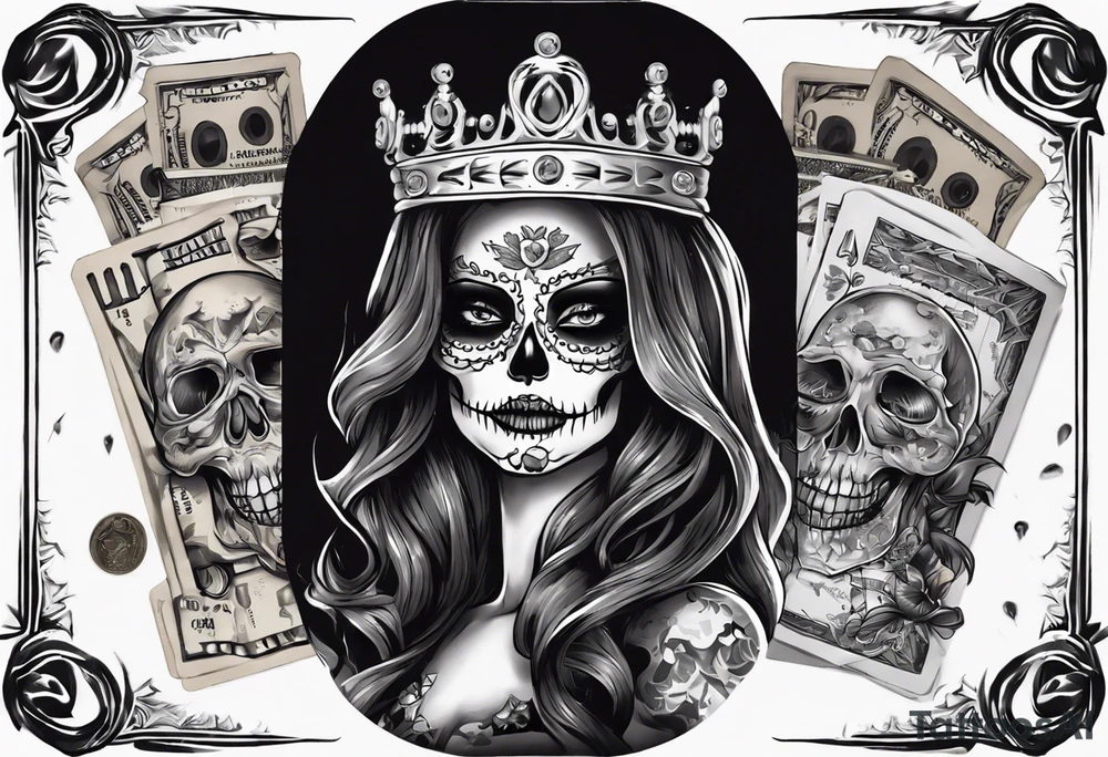 santa la muerta with money and crown
on the card tattoo idea