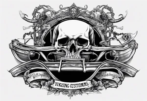 I want a tattoo of an old vintage open ceiling car and a skeleton in the back with the name “Viking Customs” incorporated in the design tattoo idea