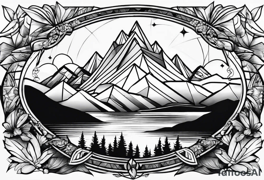 A geometric half sleeve with a mountain peak tattoo idea A geometric half sleeve with a mountain peak tattoo idea