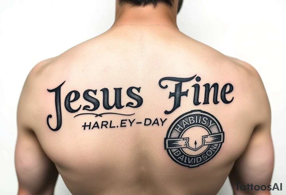 The words Jesus Fine And a Harley Davidson tattoo idea