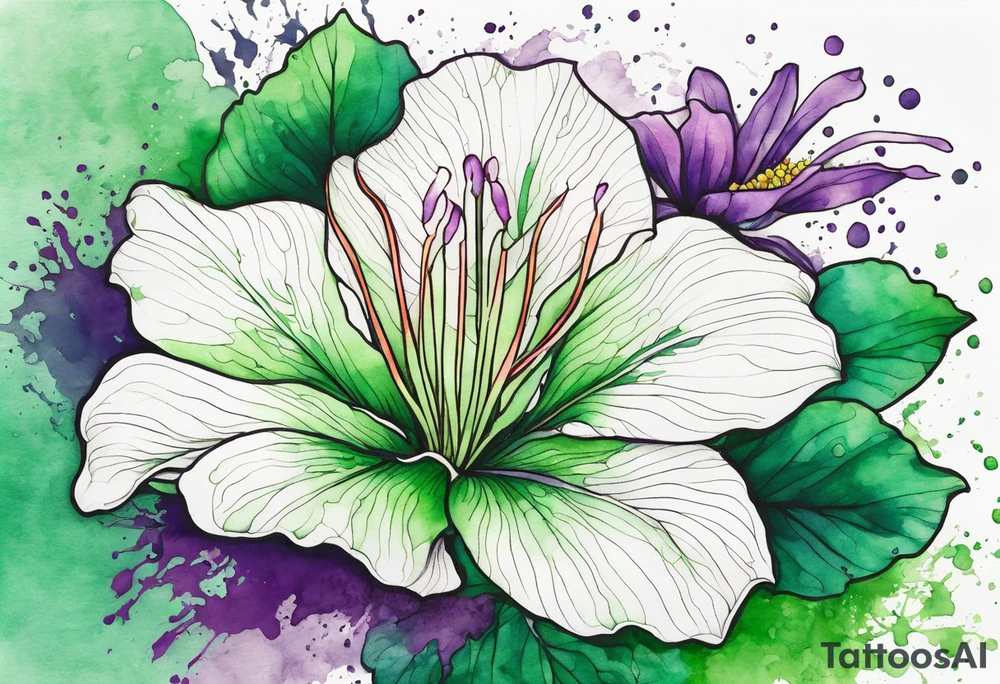 An outline of an only green rio dipladenia flower and a green and purple watercolor splash in the background tattoo idea