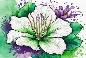 An outline of an only green rio dipladenia flower and a green and purple watercolor splash in the background tattoo idea