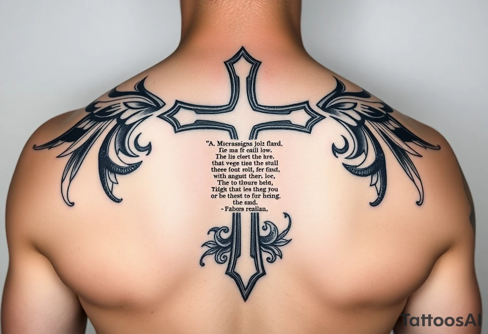 A cross with scripture surrounded by Micronesian tribal tattoo idea