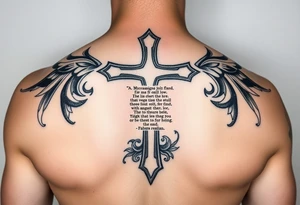 A cross with scripture surrounded by Micronesian tribal tattoo idea