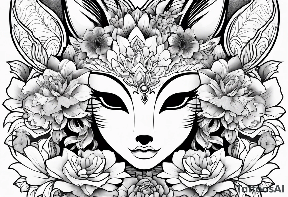 kitsune mask whit woman anime stiyle and  flowers tattoo idea