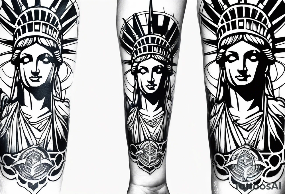Left arm sleeve tattoo, tribal and statue of liberty tattoo idea