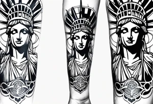 Left arm sleeve tattoo, tribal and statue of liberty tattoo idea