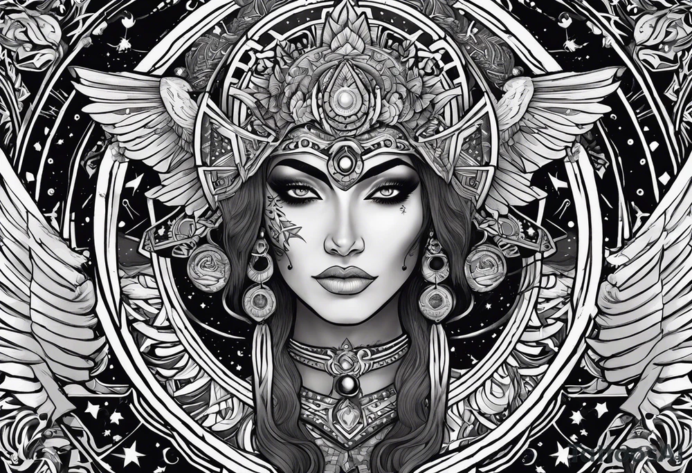 black kali, goddess pirate, alien, pachamama, valkrye, warrior, skull, lotus azul, wing, eagle, zenza resonance, stars, 5D tattoo idea