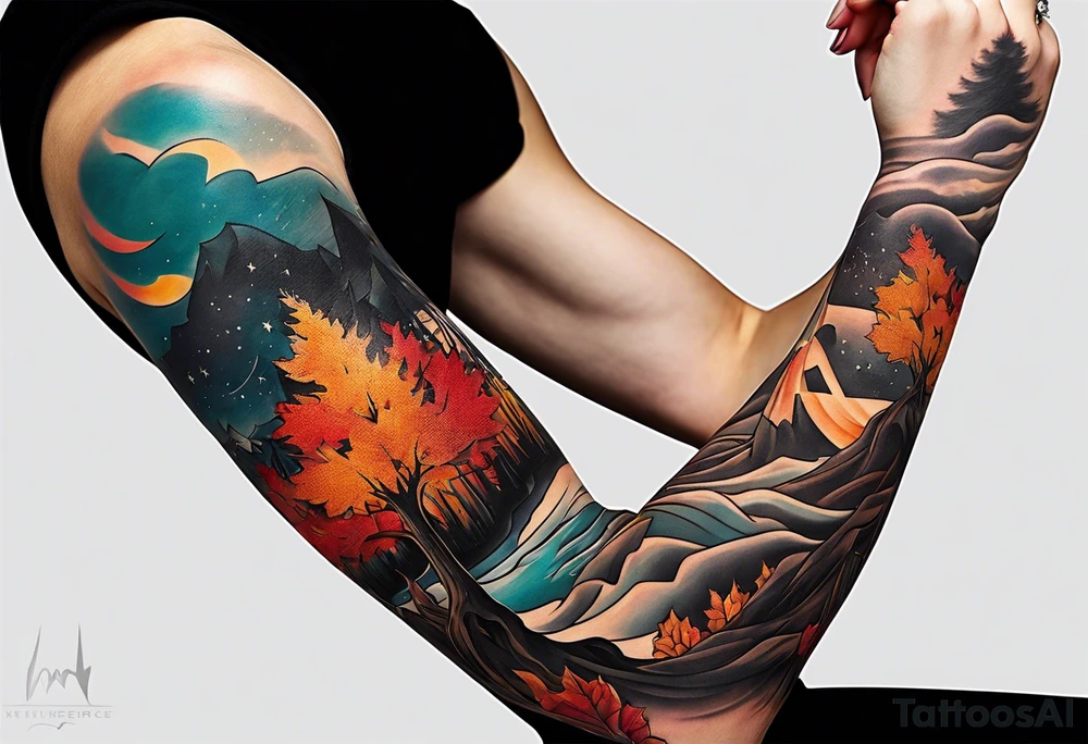 Arm Sleeve Tattoo with fall colors flat tattoo idea