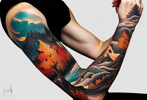 Arm Sleeve Tattoo with fall colors flat tattoo idea
