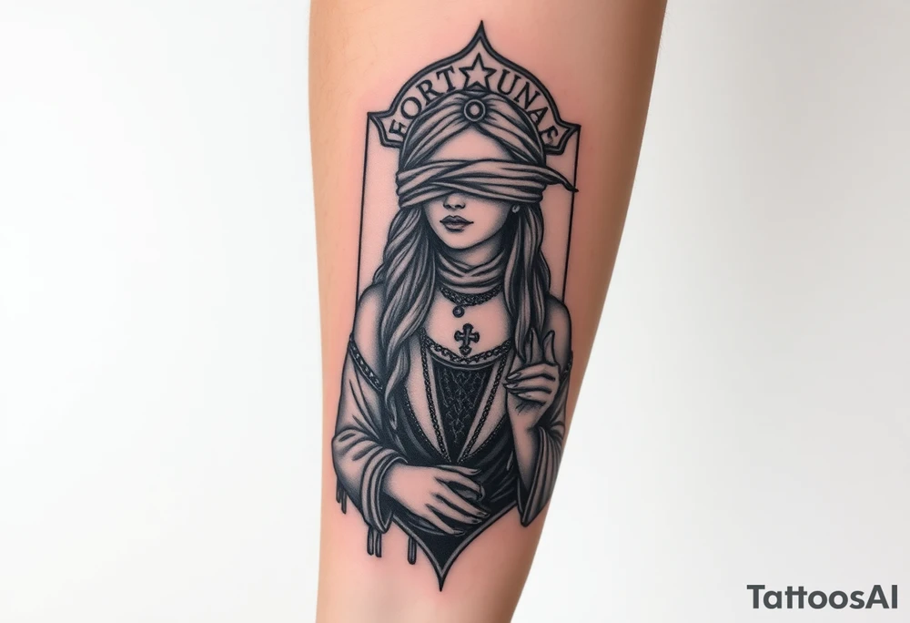 Fortuna's card as a beautiful woman with eyes covered with material, holds a scale in her hands tattoo idea