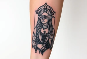 Fortuna's card as a beautiful woman with eyes covered with material, holds a scale in her hands tattoo idea