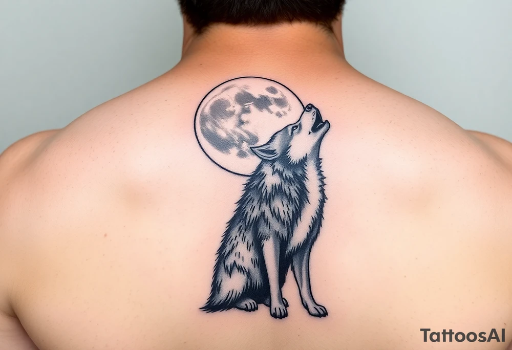lone wolf howling at full moon with northern lights backdrop tattoo idea