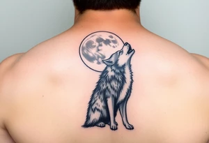 lone wolf howling at full moon with northern lights backdrop tattoo idea