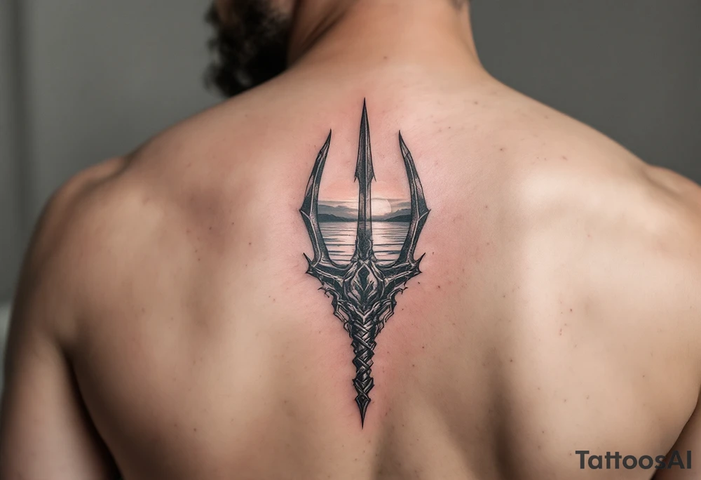 trident with Poseidon half way under calm water at sunset tattoo idea