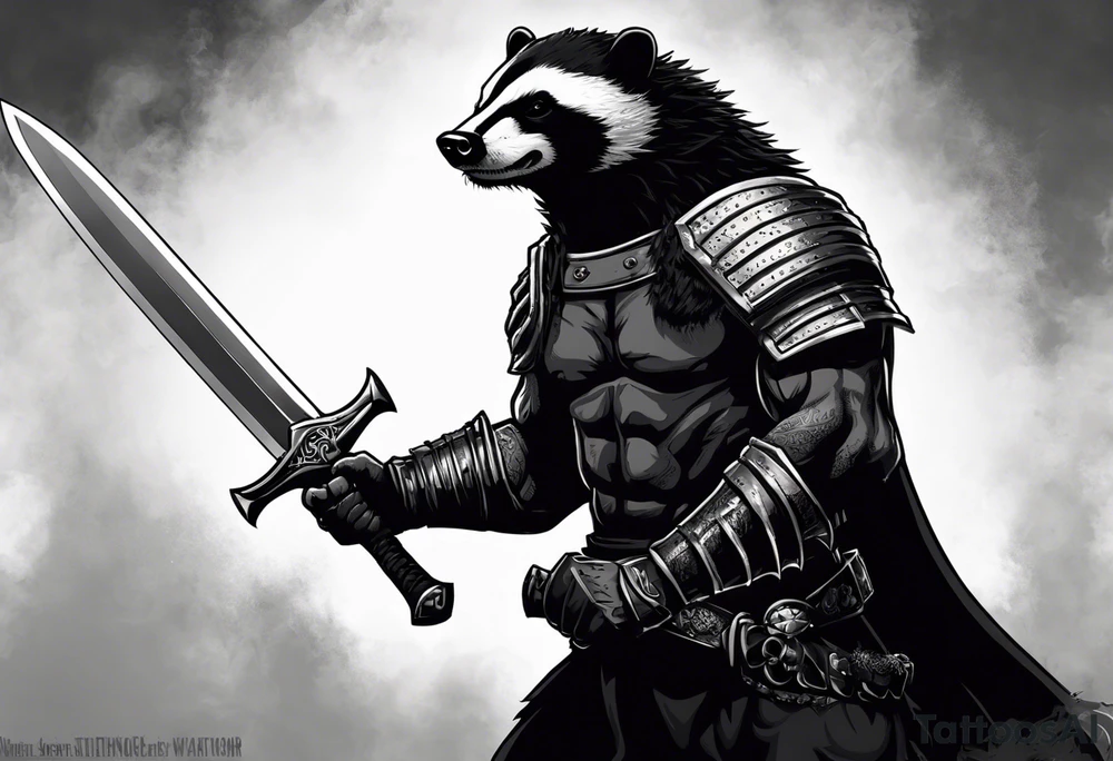 Draw me psychopath Honey Badger/Berserker with aggressive full body, killer face with a scary smile, very long nails and he attacks like a Bloody Assassin/Warrior/Gladiator to us and also, he has very deadly looking. He fights with his nails. Everybody scares after their first sight. Give me horror type Badger Tattoo. I want to see his Realistic full body with no weapons. You can show destruction. tattoo idea