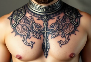 A close-up of an ornate Templar knight’s breastplate, with detailed engravings of dragons tattoo idea