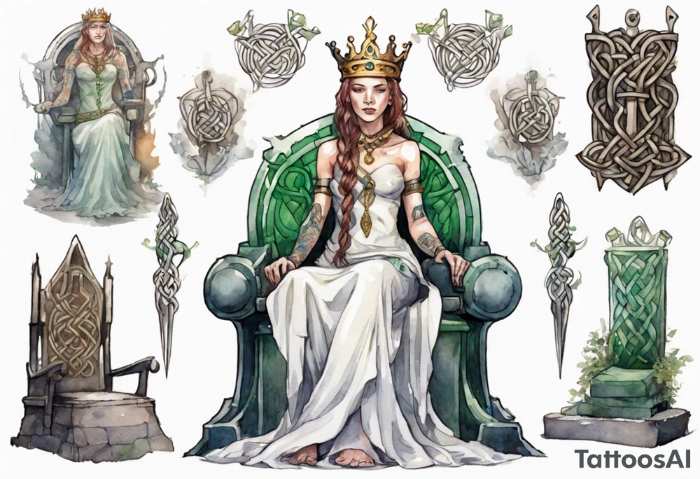 a celtic queen wearing a simple iron crown sitting on a stone throne tattoo idea