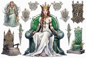 a celtic queen wearing a simple iron crown sitting on a stone throne tattoo idea