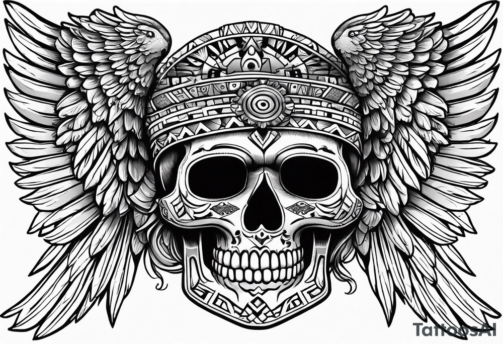 aztec skull tatto, with mexican roots and with eagle or exotic birds in the background with angel wings tattoo idea