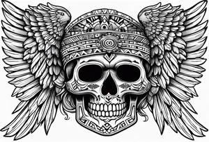 aztec skull tatto, with mexican roots and with eagle or exotic birds in the background with angel wings tattoo idea