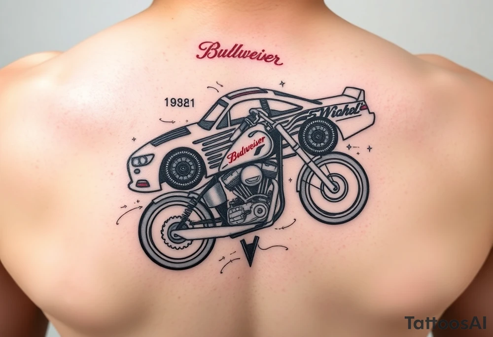 Dale Earnhardt car on it with the year 1958 - 2021 intertwined with a motorcycle with a Budweiser logo on it tattoo idea