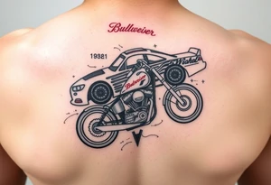 Dale Earnhardt car on it with the year 1958 - 2021 intertwined with a motorcycle with a Budweiser logo on it tattoo idea