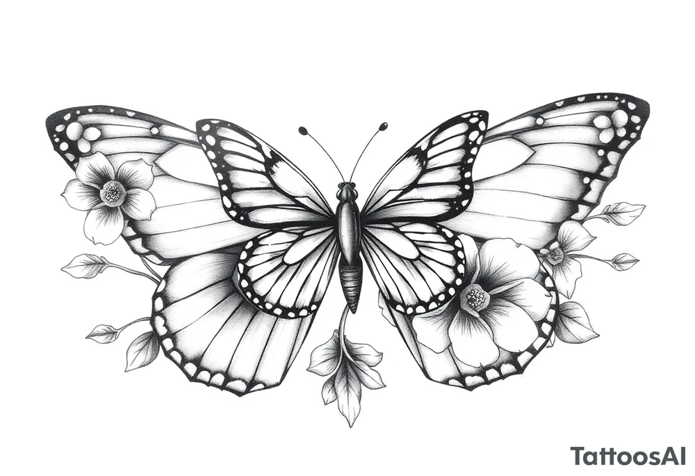 Butterfly half real half floral tattoo idea
