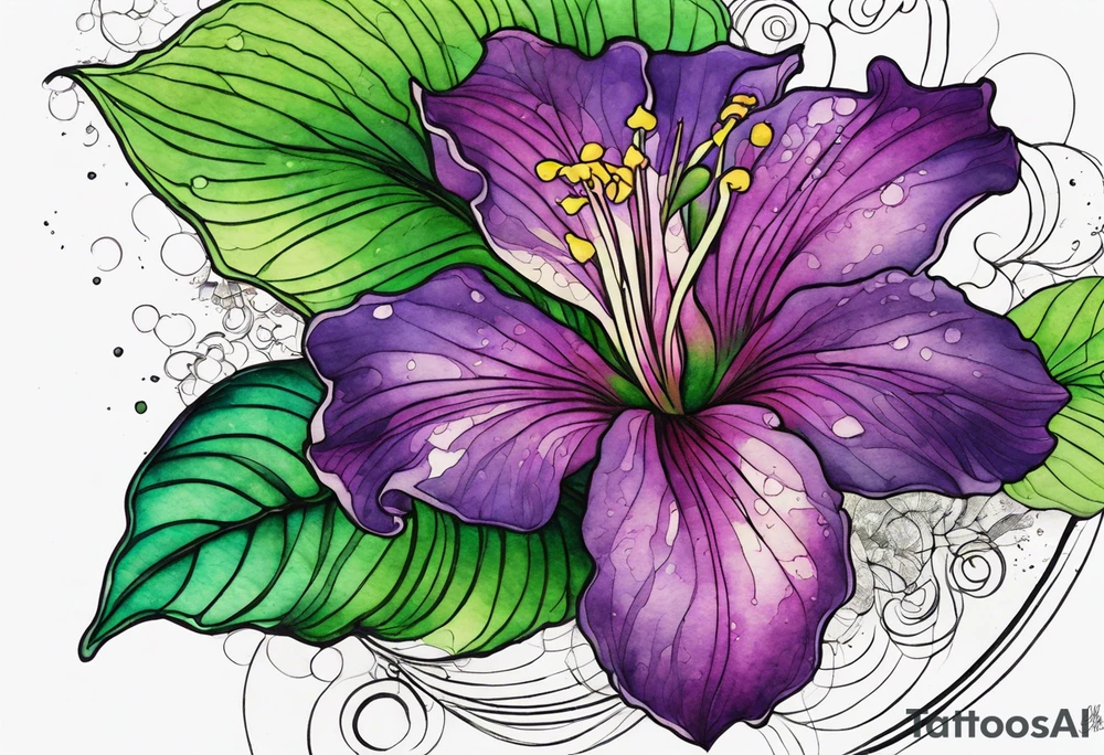A mystical outline of a rio dipladenia flower with green/purple pedals and a green/purple watercolor splash in the background tattoo idea