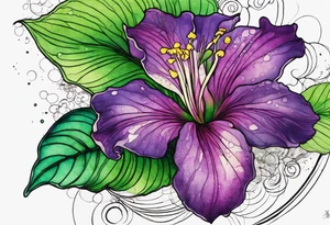 A mystical outline of a rio dipladenia flower with green/purple pedals and a green/purple watercolor splash in the background tattoo idea